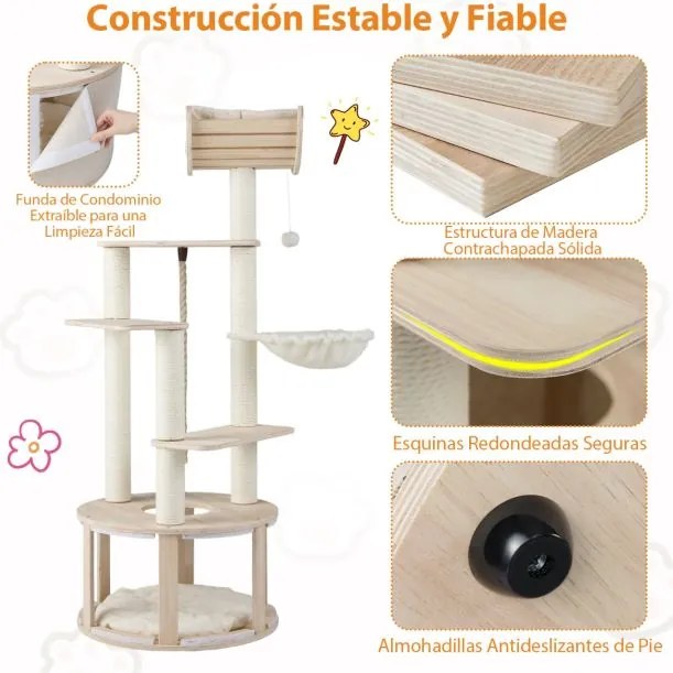 Arranhador para gatos de madeira 55 x 141 cm (diâmetro x altura) com vários níveis, com cama suspensa, postes para arranhar e acessórios carvalho + br