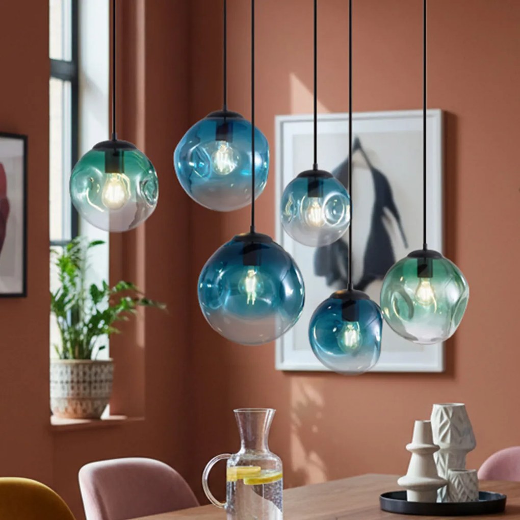 Candeeiro Pendente Art Deco Preto com Placa de Teto Oval e Vidro Verde e Azul 6 Luzes - Douglass