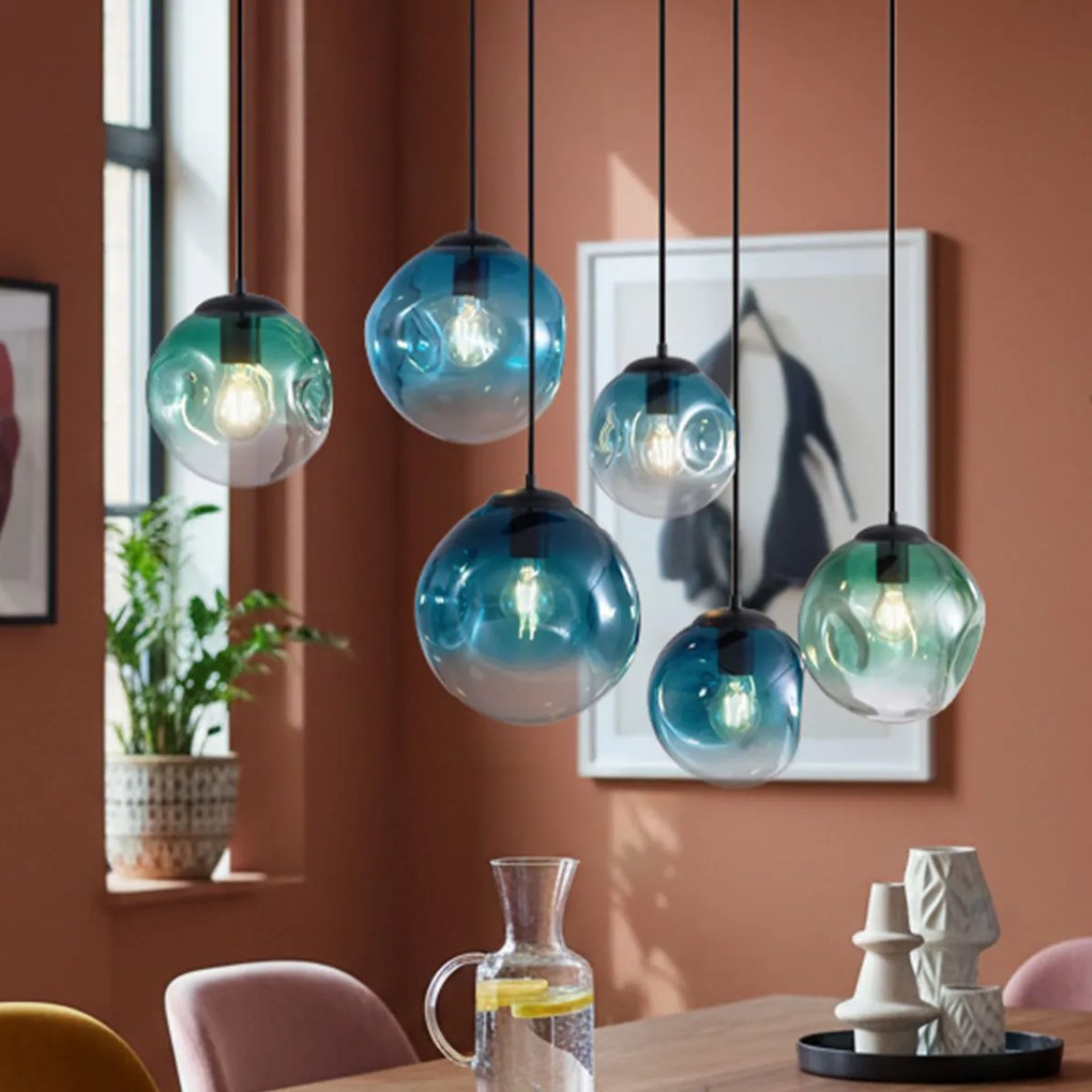Candeeiro suspenso Art Deco preto com placa de teto oval e vidro verde e azul 6 luzes - Douglass