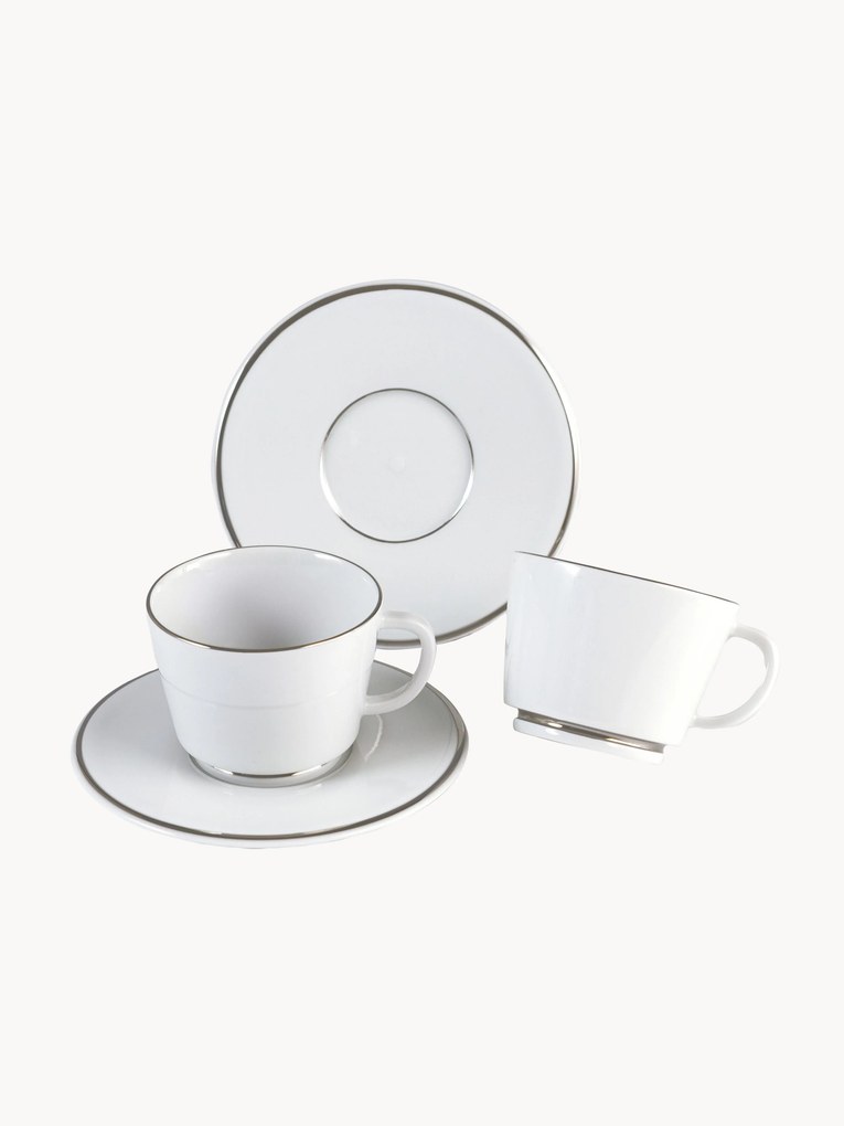 Chávenas de café em porcelana artesanais com pires e rebordo em platina Vitruv, conjunto de 2