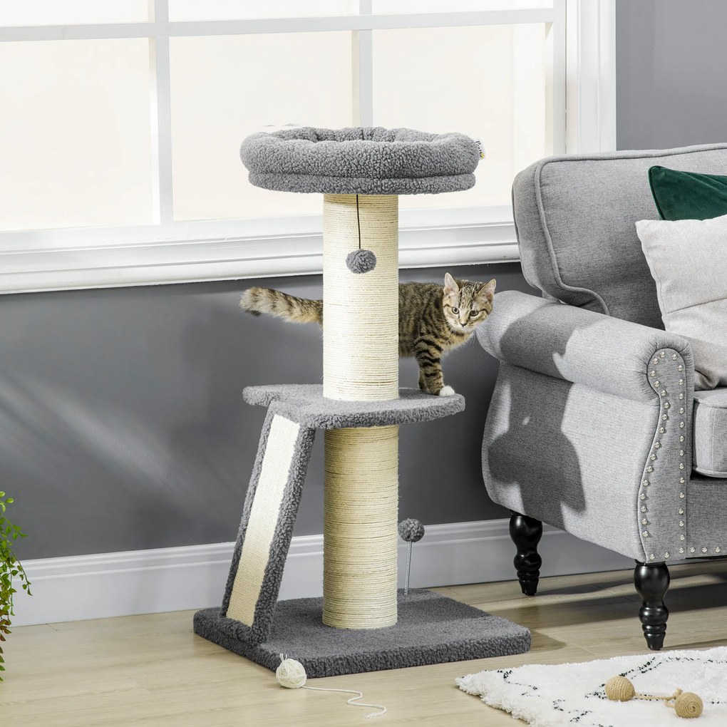 Árvore para gatos com arranhador em forma de tronco de sisal, bolas suspensas e plataforma de observação, altura 92 cm - cinzento