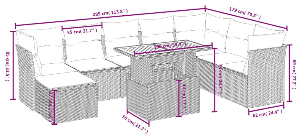 9 pcs conjunto de sofás p/ jardim com almofadões vime PE bege