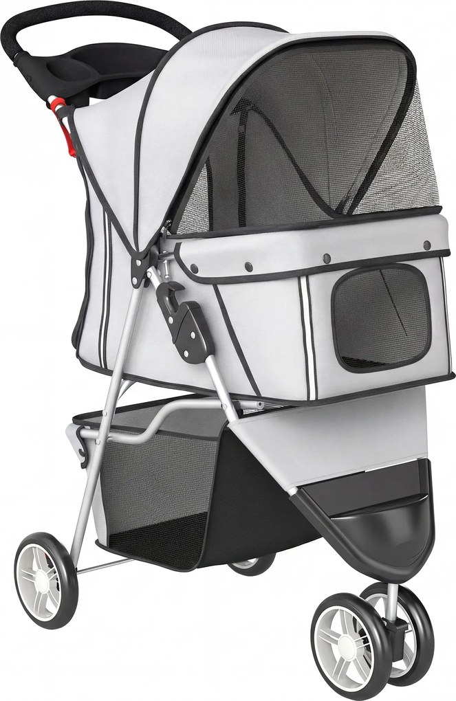 PawHut Carrinho para Cães Pequenos Dobrável até 10 kg com 3 Rodas, Capota Ajustável, Cesta, Janelas de Malha, Porta-Copos, Cinzento | Aosom Portugal
