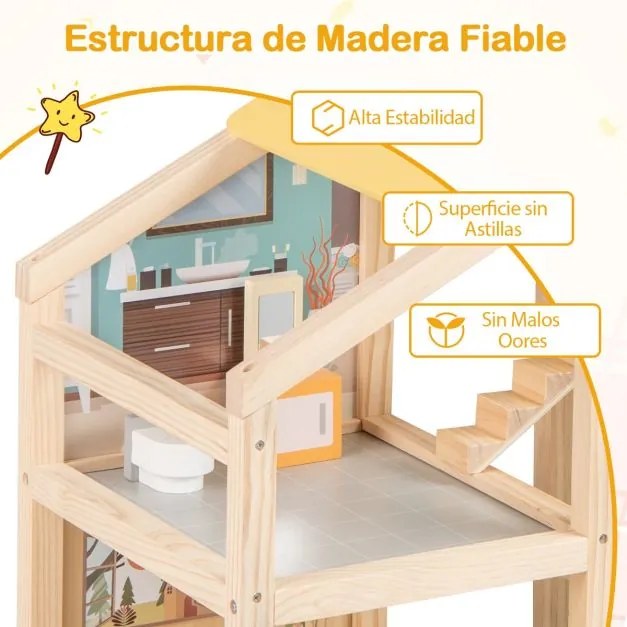 Casa de bonecas de madeira 60 x 30 x 75 cm com 7 quartos, 18 peças de mobiliário, 3 bonecos e 1 cão de estimação para maiores de 3 anos natural