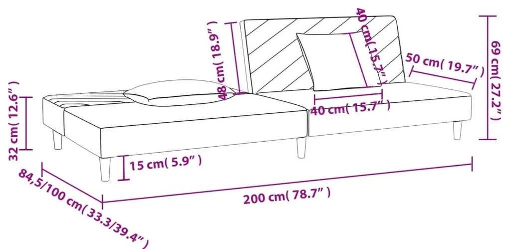 Sofá-cama 2 lugares com duas almofadas tecido cinzento-claro