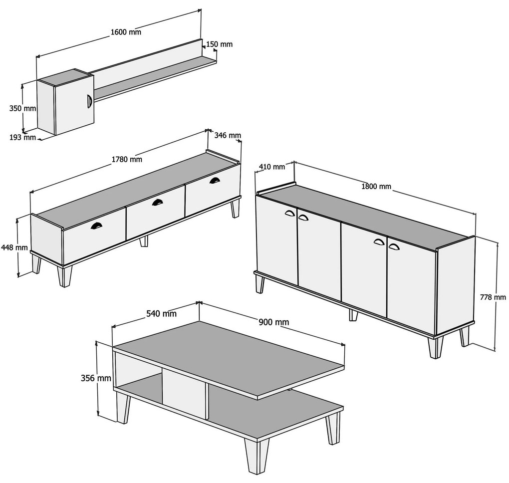 Conjunto de Mobiliário de Sala de Estar Sumer – Carvalho – TV Stand: 1