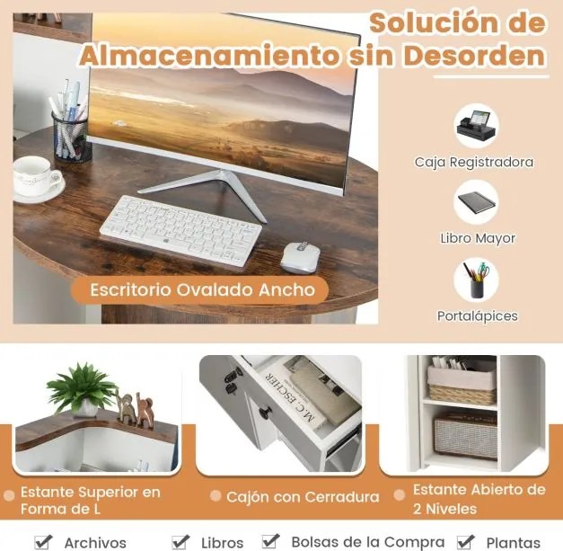 Balcão de recepção ovalada 120 x 70 x 100 cm, gaveta com fechadura e prateleira ajustável para escritório ou comércio, castanho rústico e branco