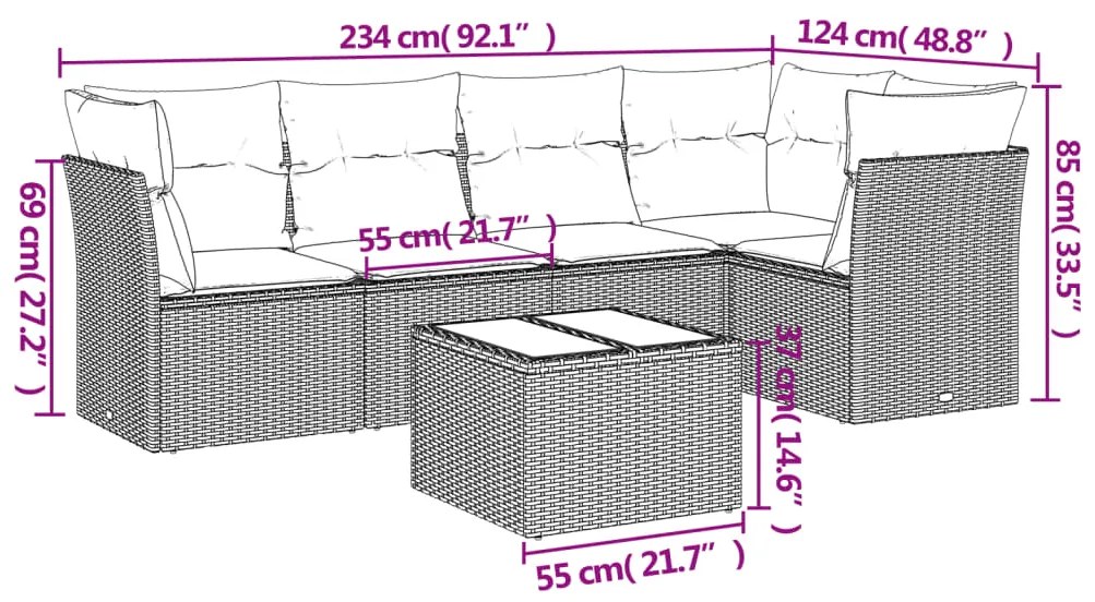 6 pcs conjunto sofás de jardim c/ almofadões vime PE preto