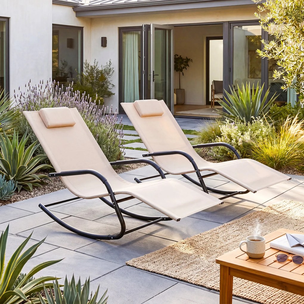 Cadeira de baloiço para exterior, respirável, com braços curvos e encosto de cabeça amovível, para varanda, jardim ou terraço, bege