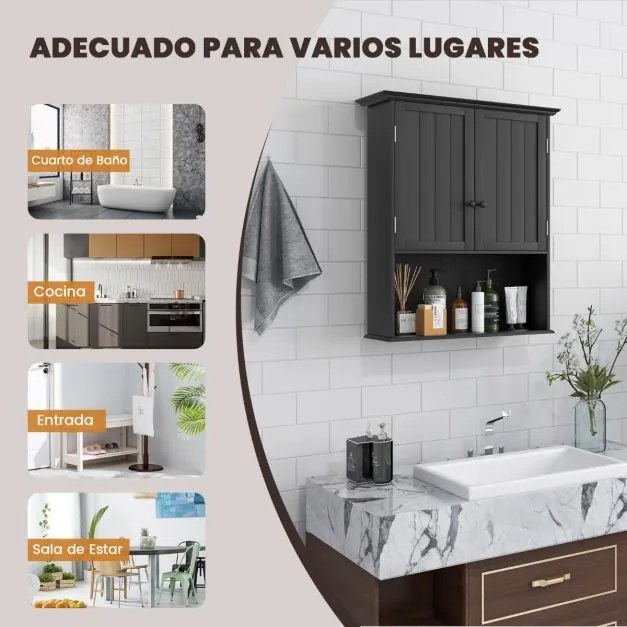 Armario de parede para casa de banho com 2 portas Prateleira regulável em altura 60 x 20 x 70,5 cm Preto