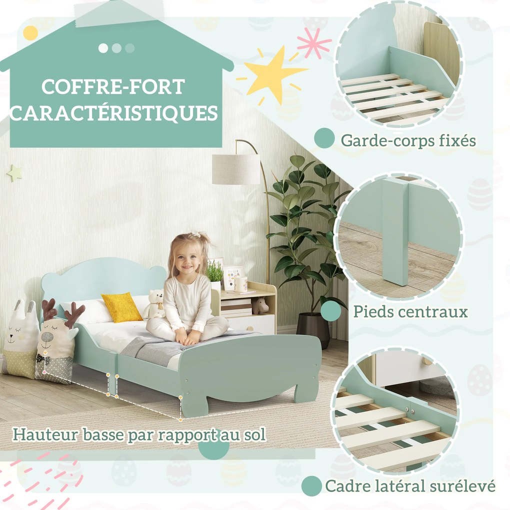 Cama infantil 70 x 140 cm (COLCHÃO NÃO INCLUIDO) com grades de segurança com tema de ursinhos, para meninos e meninas dos 3 aos 6 anos, verde