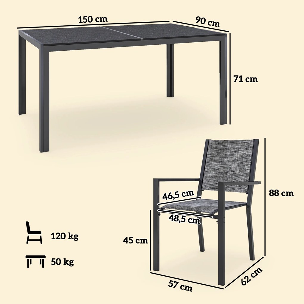 Mesa de jardim para exterior com 6 cadeiras empilháveis, tampo com ripas de 150 cm, estrutura em aço inoxidável, preta