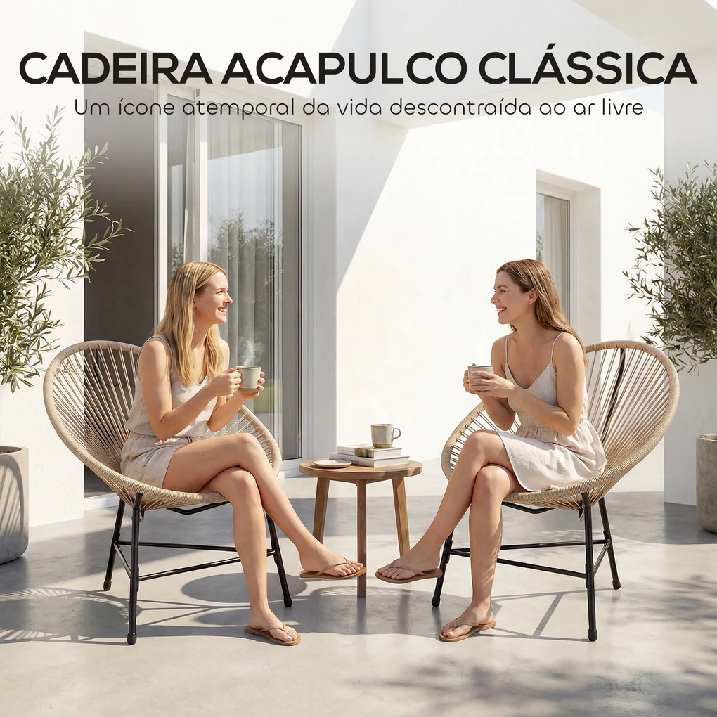 Conjunto de 2 Cadeiras Acapulco de Jardim em Vime Sintético Cadeiras para Exterior com Estrutura de Aço Madeira