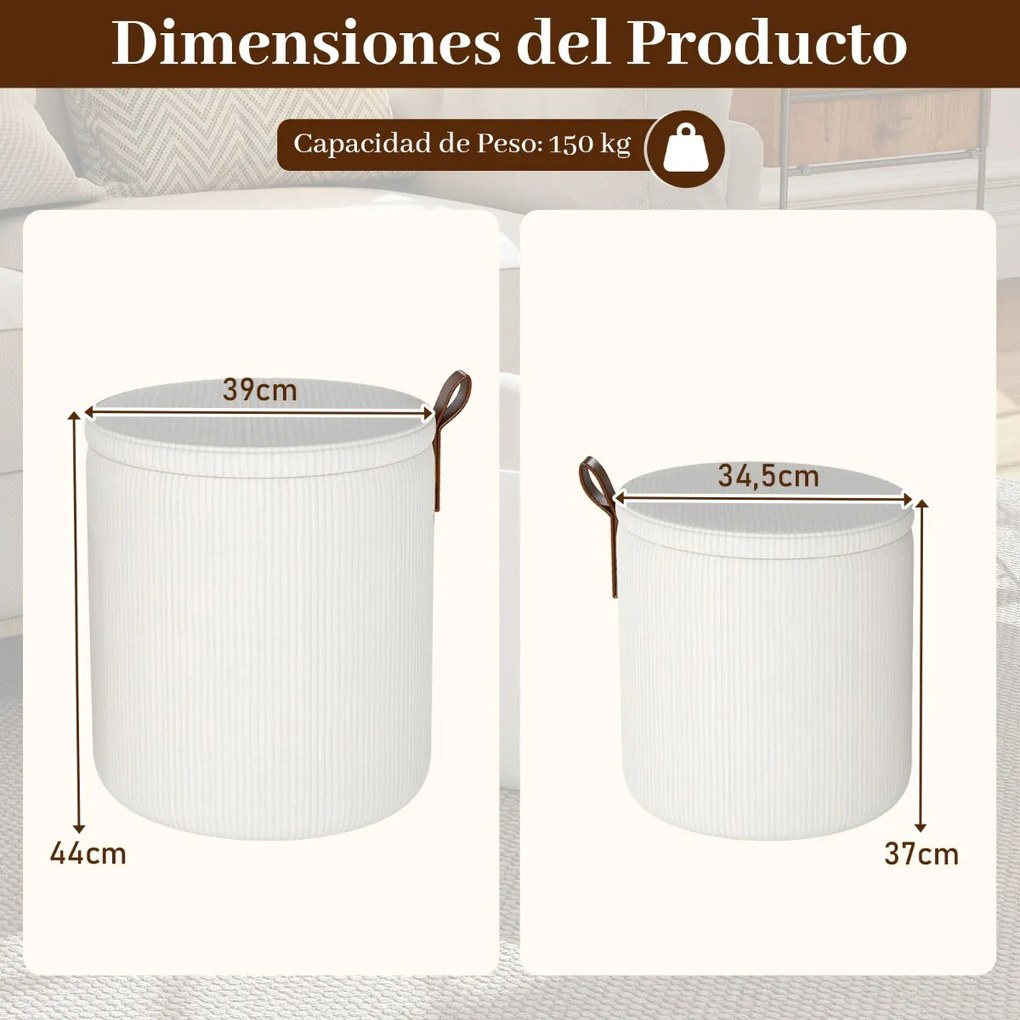 Conjunto de 2 pufes redondos com arrumação, bancos toucador estofados com tampos removíveis e assentos acolchoados, apoio para os pés multiusos bege