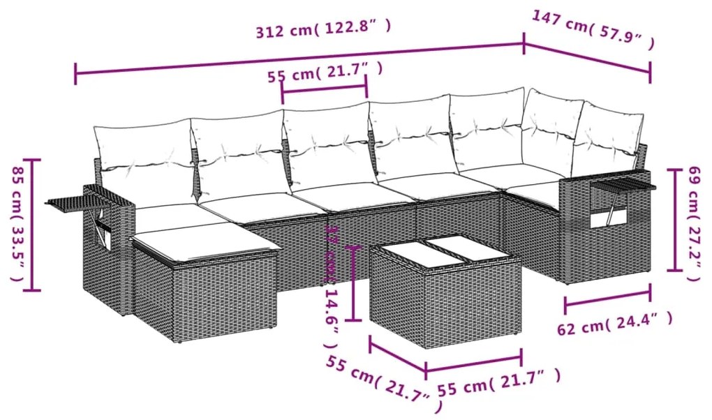 8 pcs conjunto de sofás p/ jardim com almofadões vime PE bege