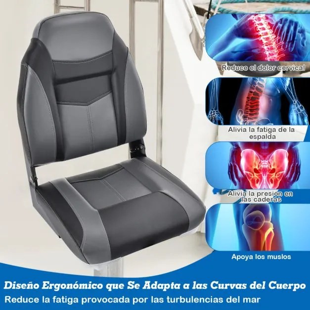 Banco de barco rebatível com encosto alto Almofada almofadada macia Assento de capitão moldado universal 44,5 x 51 x 61 cm Preto