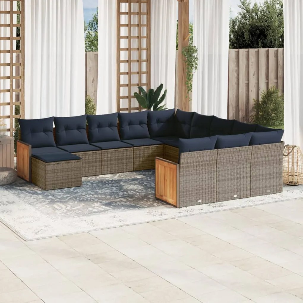 vidaXL 12 pcs conjunto sofás p/ jardim c/ almofadões vime PE cinzento