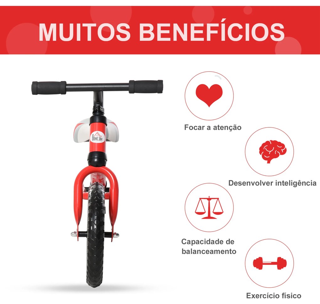 Bicicleta sem pedal para criança acima de 2 anos com selim ajustável em altura Pneus EVA máx. 25 kg Metal 65x33x46 cm Vermelho
