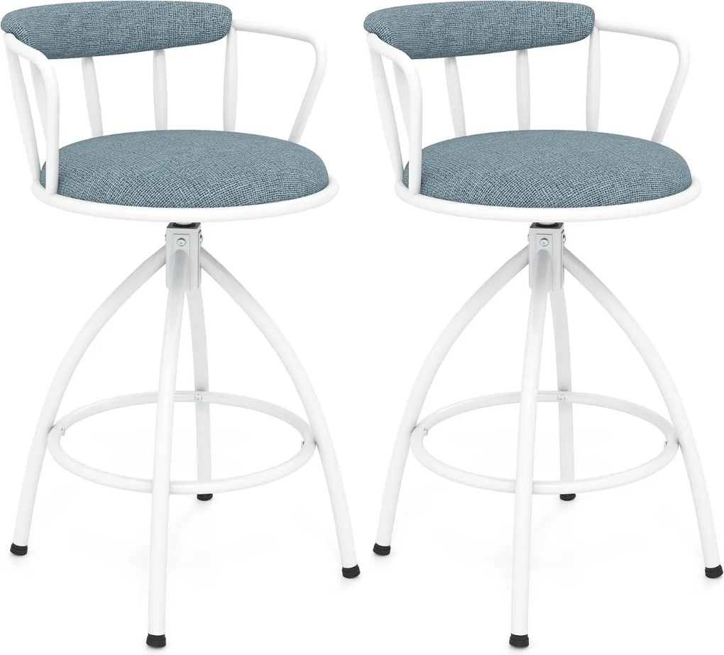 Conjunto de 2 bancos de bar giratórios estofados com encosto e apoio para os pés, estrutura metálica, para cozinha, bar, casa ou sala de jantar, azul