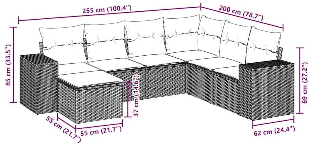 7 pcs conj. sofás jardim com almofadões vime PE cinzento-claro