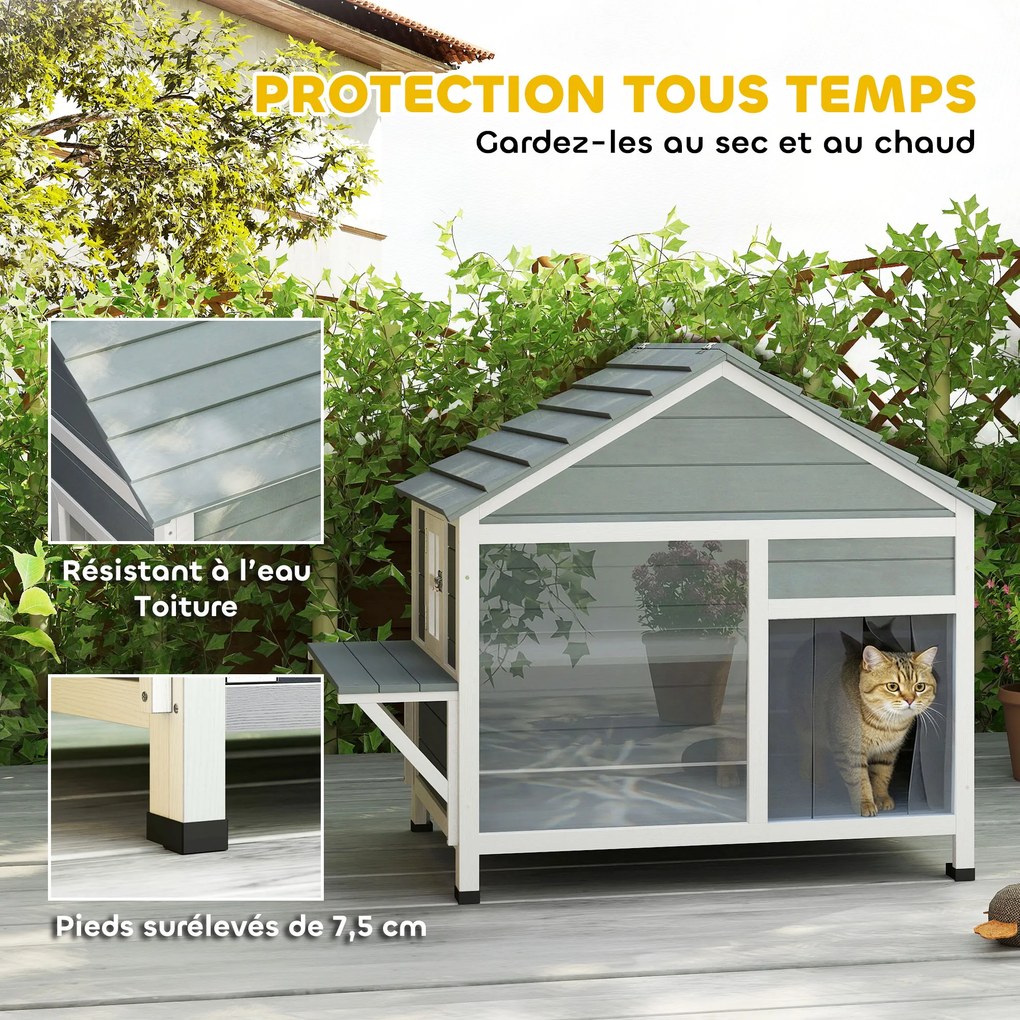 Casinha para gatos de exterior com teto abrível, janela panorâmica, porta de lâminas e plataforma de descanso, 101 x 72,5 x 81 cm, cinzenta