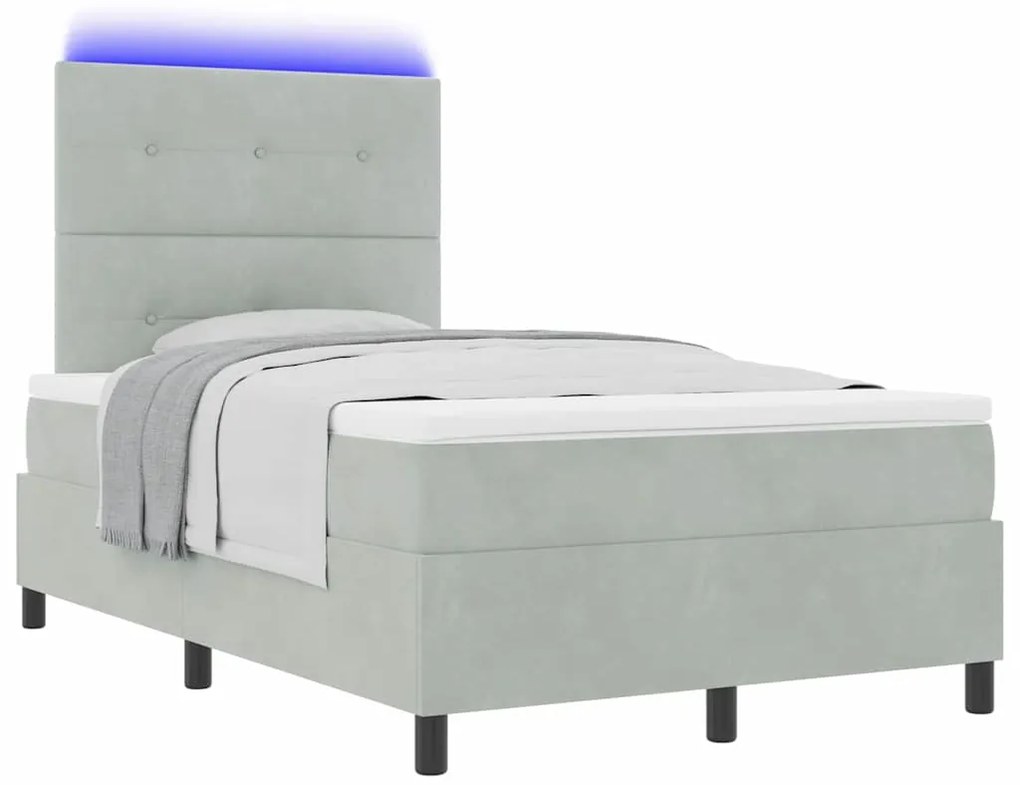 Cama Box com Colchão e Luz LED Cinza Claro 120x200 cm Veludo