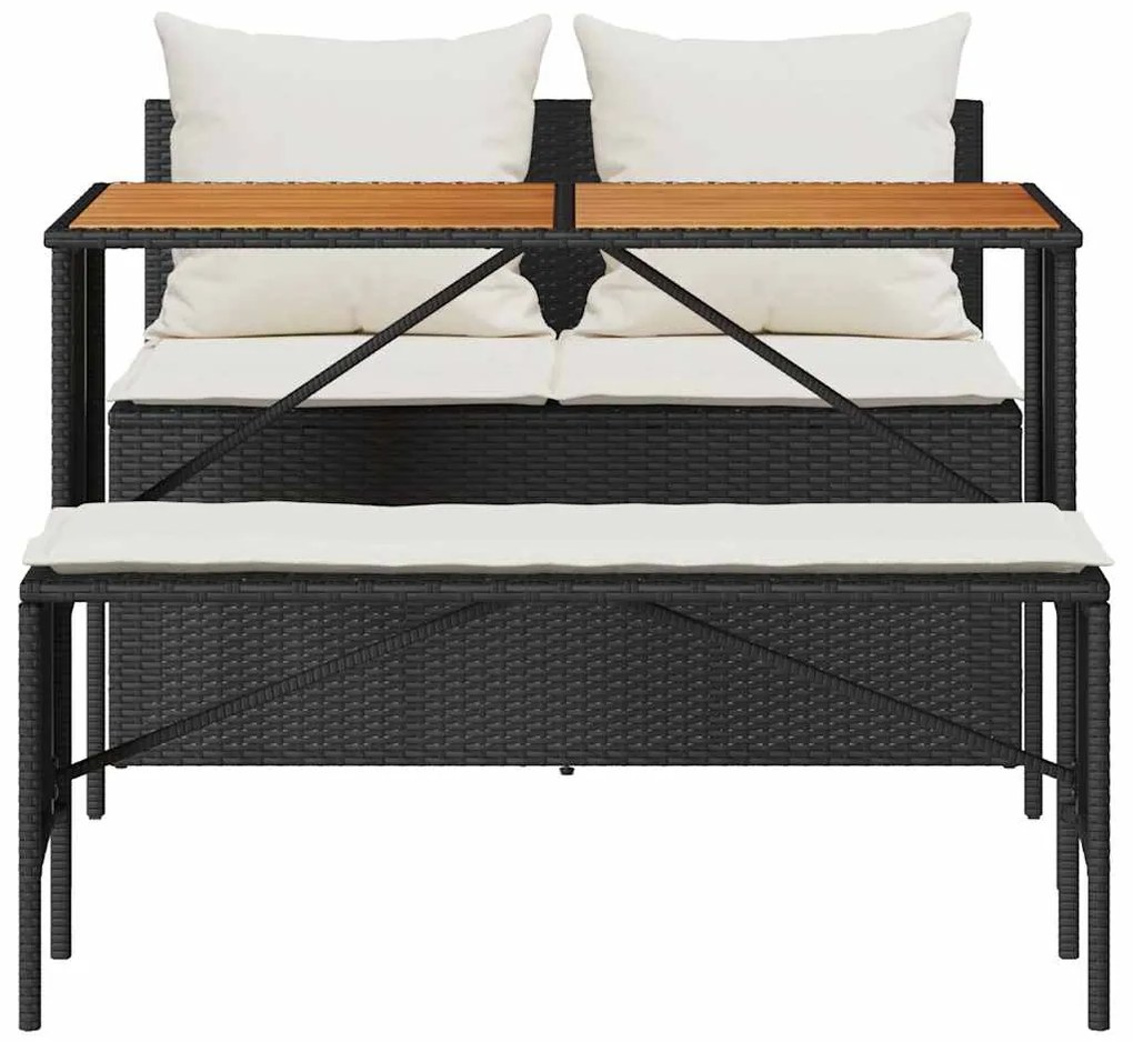 3 pcs conjunto de jantar p/ jardim c/ almofadões vime PE preto