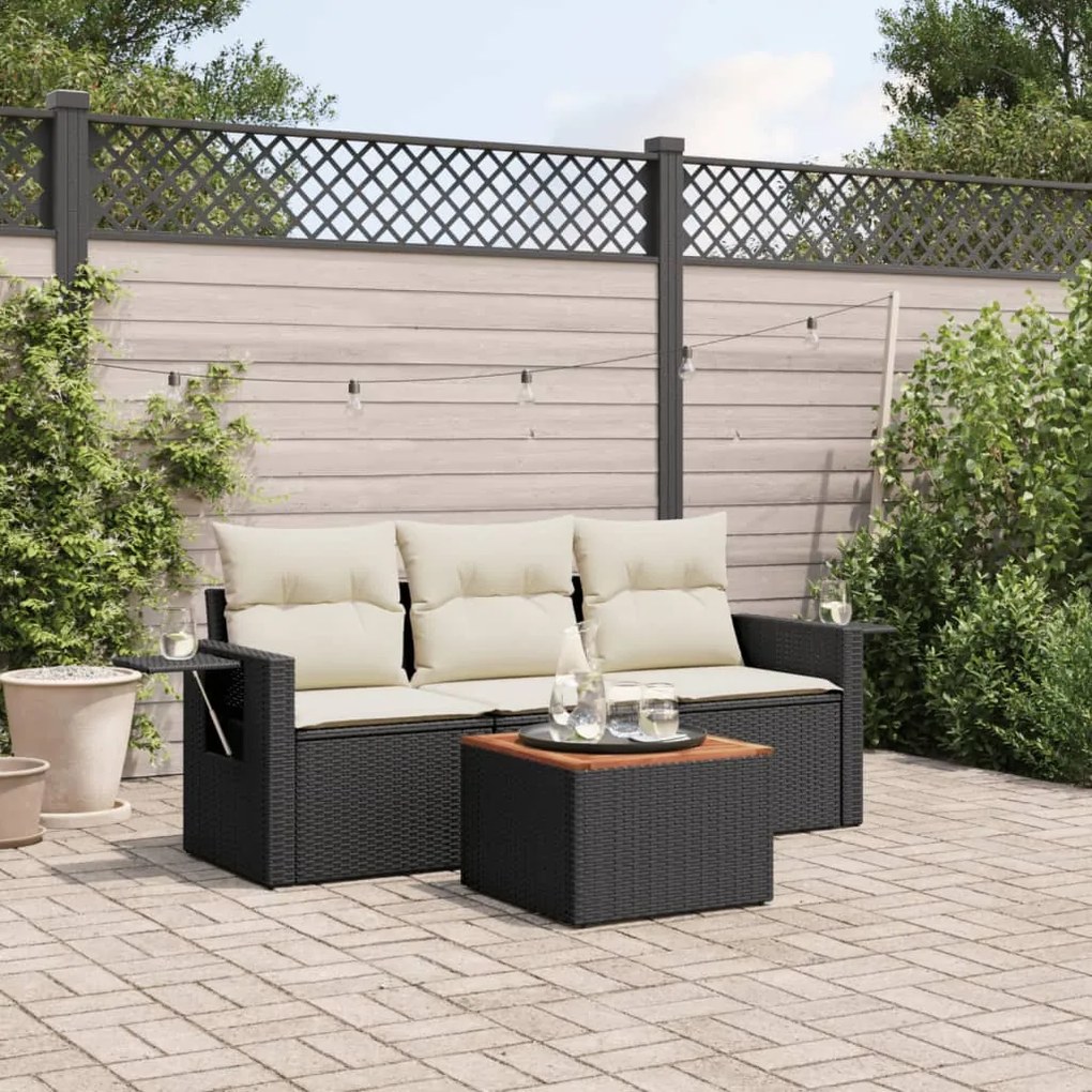 4 pcs conjunto de sofás para jardim c/ almofadões vime PE preto