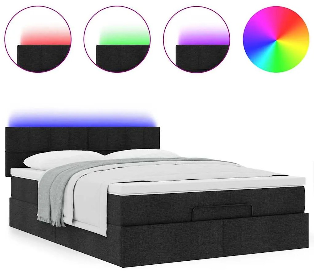 Cama Otomana com Colchão &amp; LEDs Preto 140x200 cm Tecido