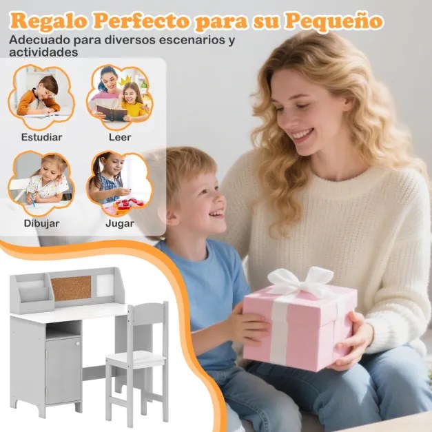 Conjunto de Secretaria e cadeira para crianças com quadro negro, marcador, prateleira e armário de armazenamento Cinzenta