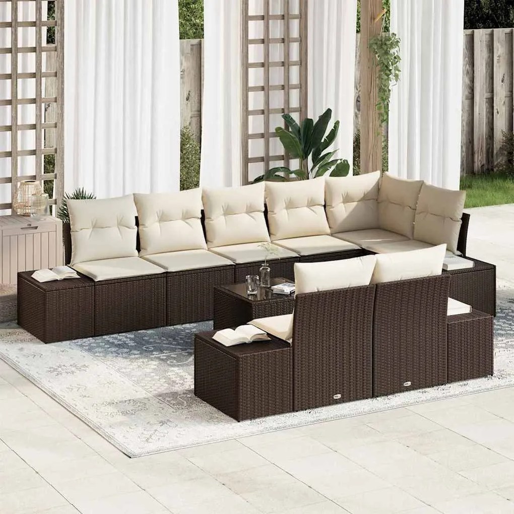 vidaXL Conjunto de Sofá de Jardim 9 pcs Marrom e Creme vime PE