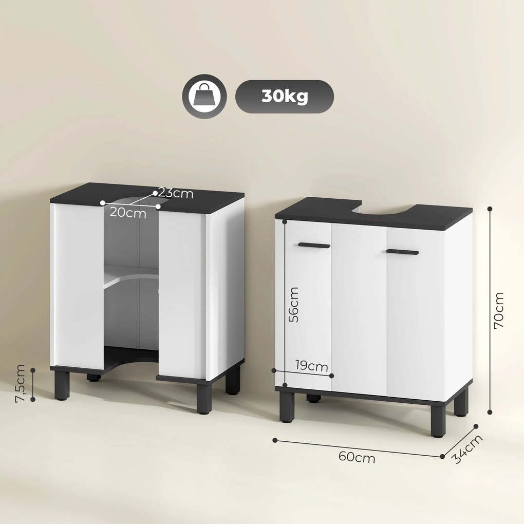 Móvel de Lavatório (NÃO INCLUIDO) com 2 Portas e Prateleira Ajustável para Lavatório com ou sem Pedestal 60x34x70 cm Branco Brilhante