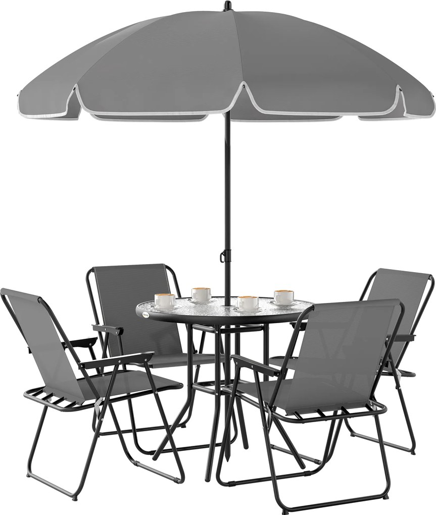 Conjunto de Mesa e Cadeiras de Jardim de 6 Peças com 4 Cadeiras Dobráveis Mesa de Vidro e Chapéu de Sol Cinzento