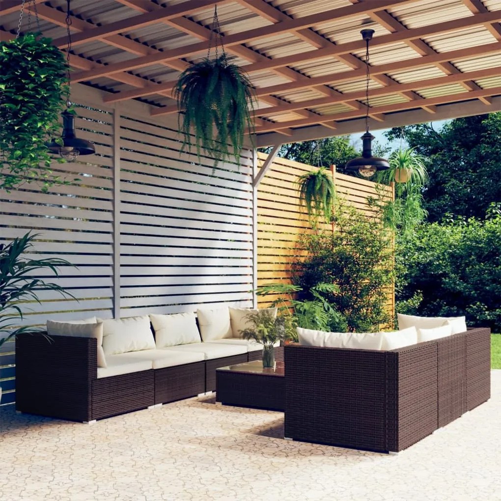 vidaXL 8 pcs conjunto lounge jardim c/ almofadões vime PE castanho