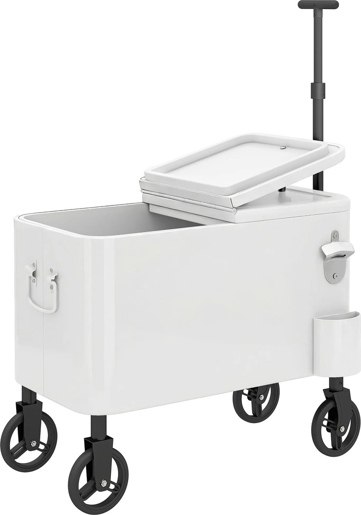 Outsunny Carro Frigorífico de 56L com Rodas Pega Ajustável Abre-garrafas Recolhe-tampas Dreno 75x35x120 cm Branco | Aosom Portugal