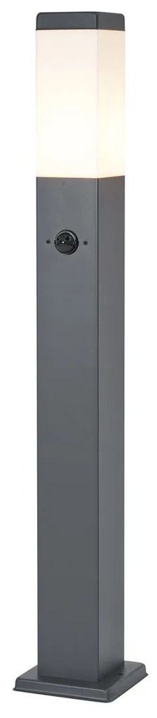 Candeeiro de exterior cinzento escuro com vidro opalino 80cm IP44 com tomada e sensor de movimento - Malios