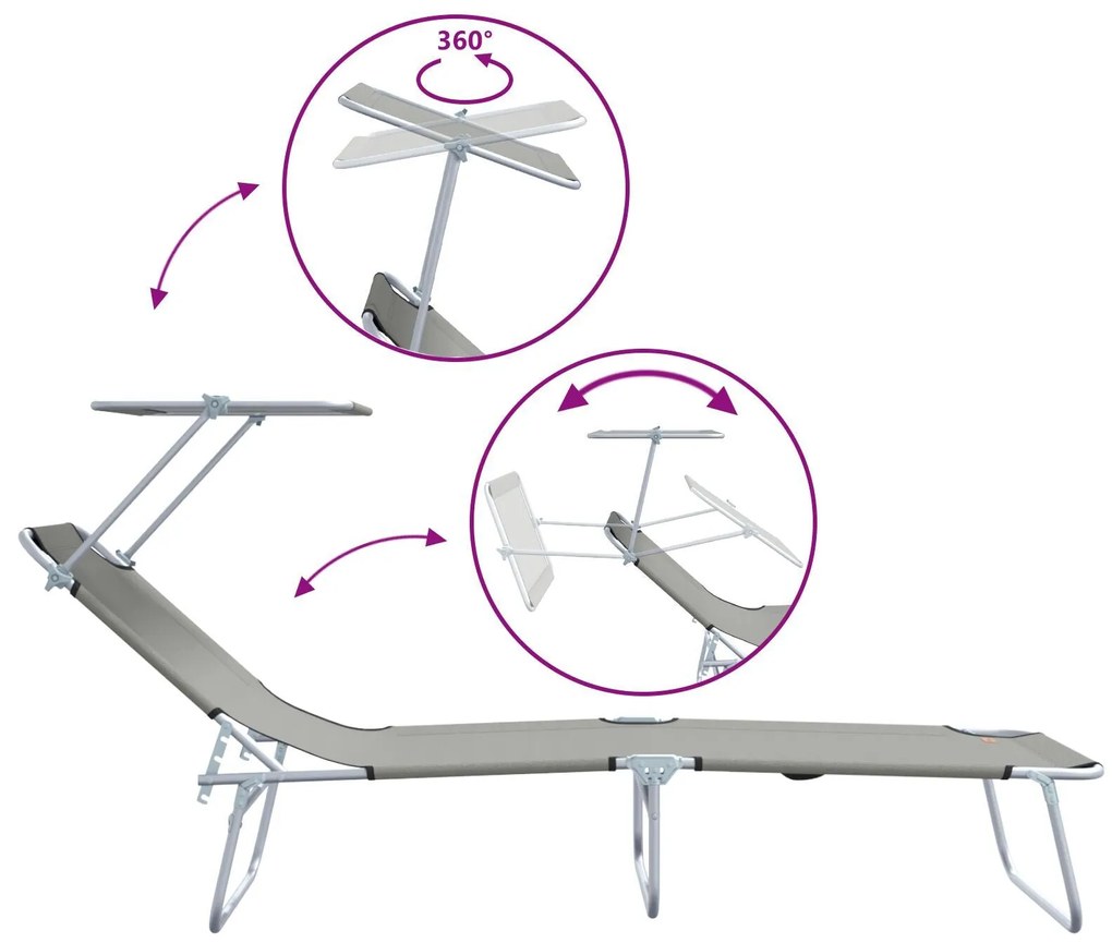 Espreguiçadeiras dobráveis 2 pcs com toldo em tecido Oxford cinza 600D