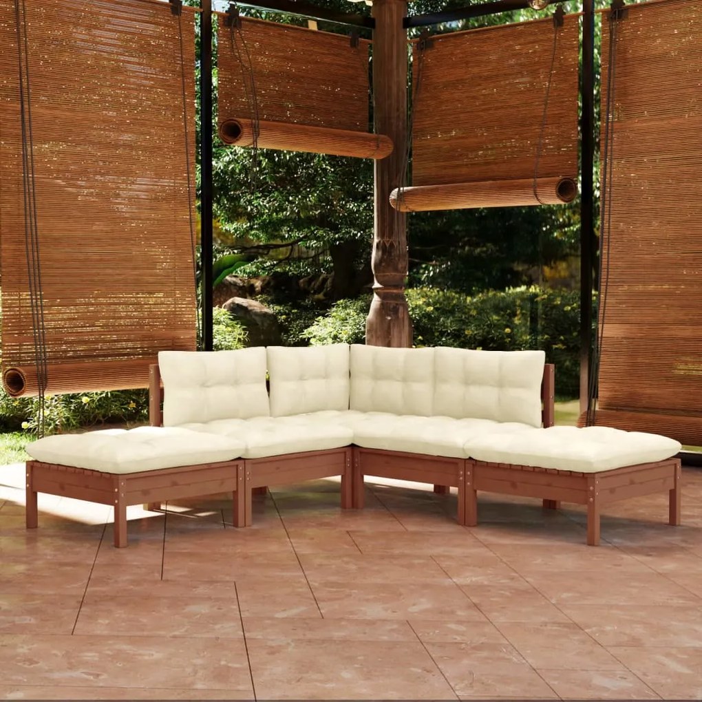 5pcs conj. lounge jardim + almofadões pinho maciço castanho-mel