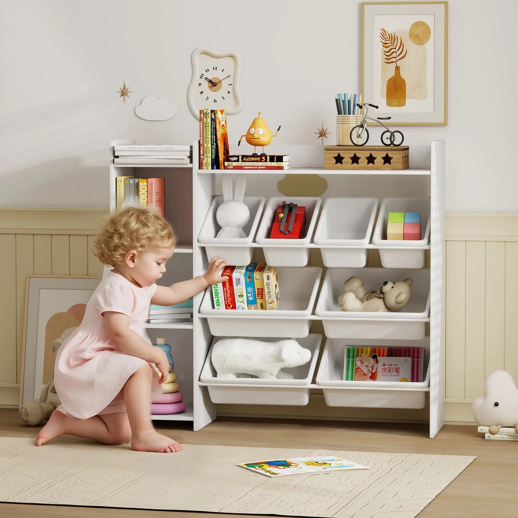 Móvel de arrumação para crianças dos 3 aos 8 anos 112,5 L x 30 P x 100 A cm, arrumação de brinquedos com 8 caixas removíveis, prateleiras de arrumação