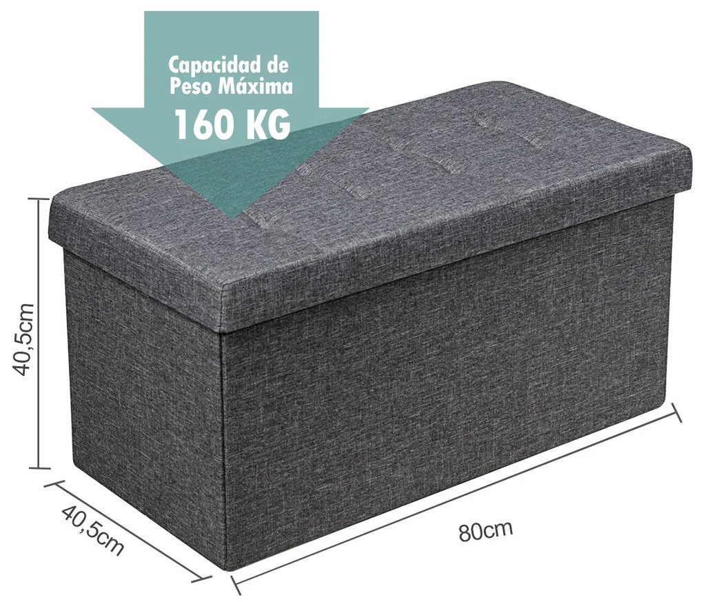Banco dobrável com espaço para arrumação 80 cm x 40,5 cm x 40,5 cm com assento acolchoado cinza escuro