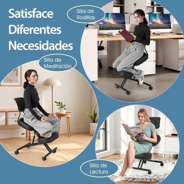 Cadeira escritorio ergonómica com apoio para os joelhos, encosto inclinado e rodas universais bloqueáveis Preto