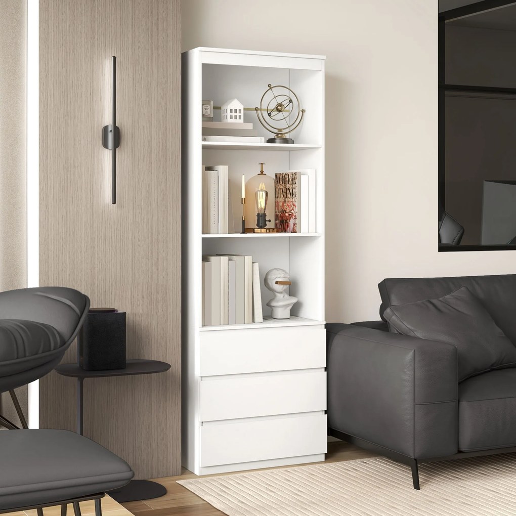 Estante com 180 cm de altura, com 3 prateleiras e 3 gavetas, 60 x 35 x 180 cm, em madeira branca