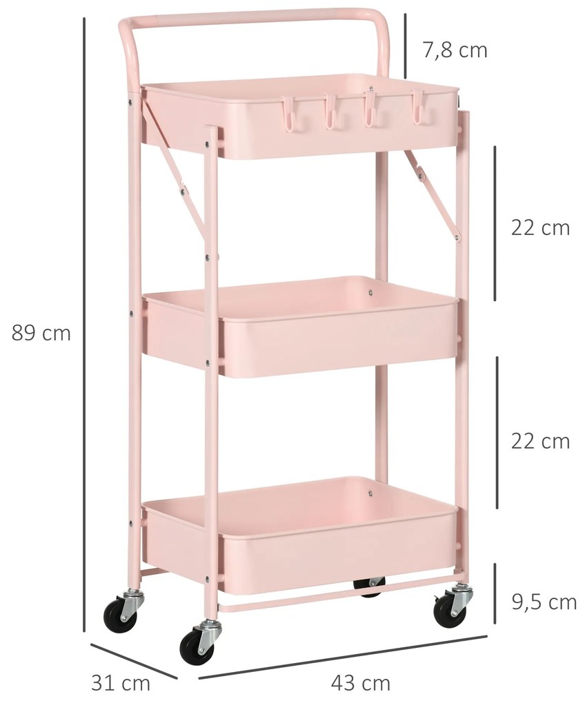 Carrinho Auxiliar com Rodas Dobrável Carrinho de Armazenamento de 3 Níveis com 4 Ganchos para Casa de Banho Cozinha Sala de Estar 43x31x89cm Rosa