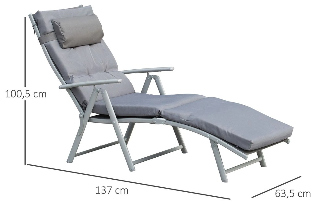 Espreguiçadeira Dobrável de Jardim com Encosto Ajustável em 7 Posições Almofada e Apoio para a Cabeça Acolchoados para Terraço Piscina Exterior Carga