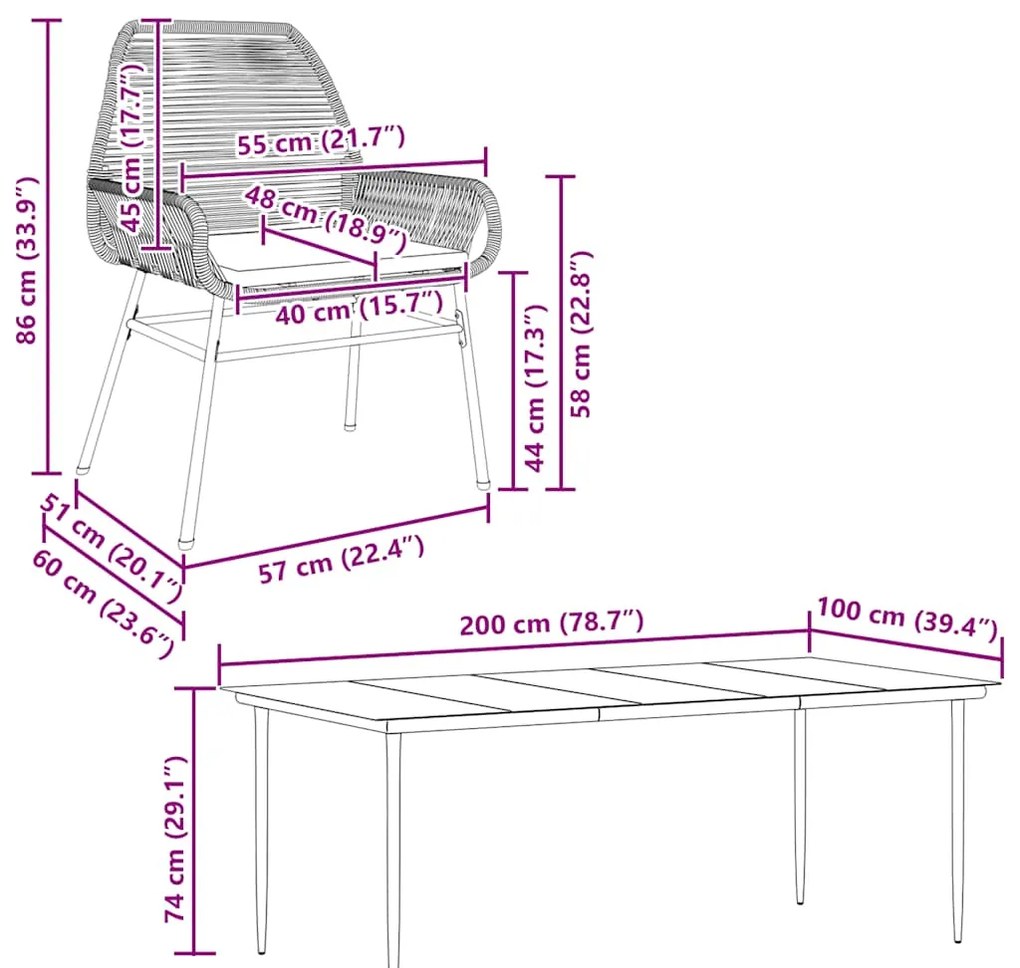Conjunto jantar jardim 9 peças almofadas vidro vime PE castanho