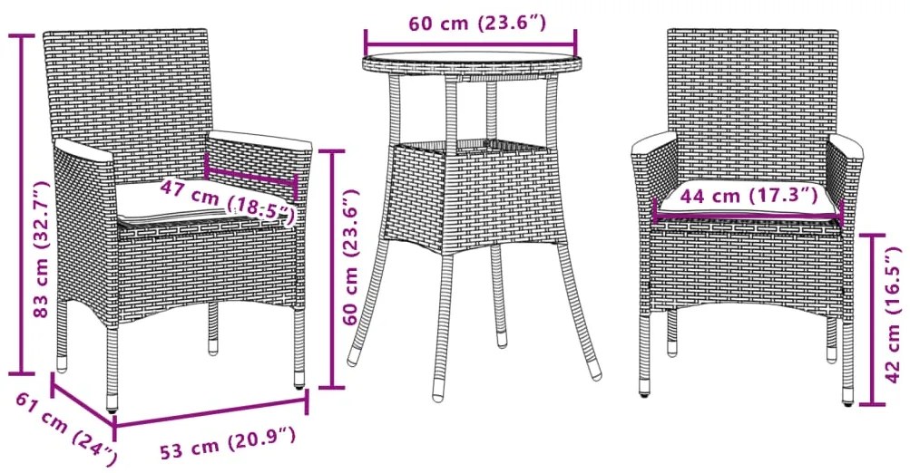 3 pcs conjunto jantar jardim com almofadões vime PE/vidro bege