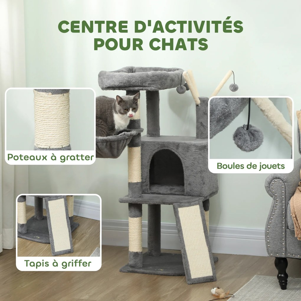 Arranhador para gatos com torre de brincadeiras, arranhadores e tapetes de sisal, plataforma, compartimentos abertos, rede, 40,5 x 40,5 x 103 cm, cinz