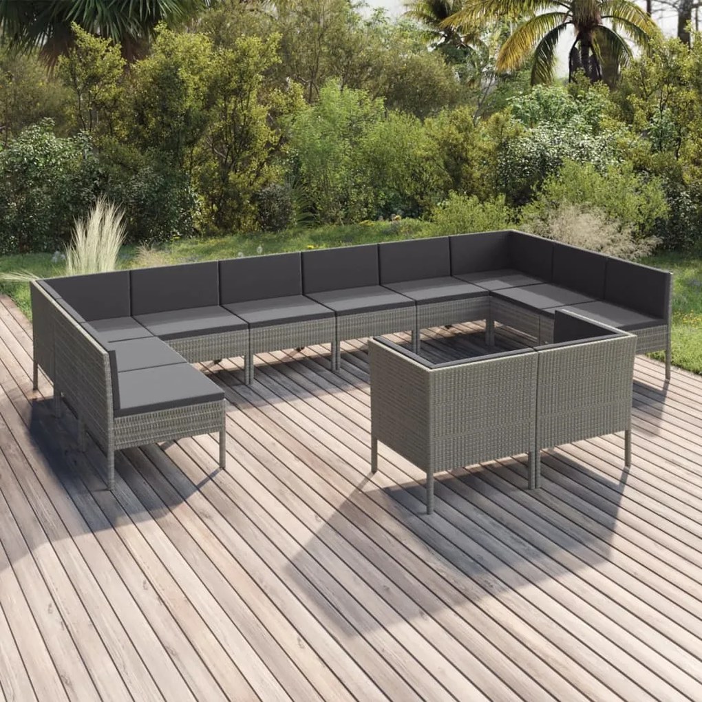 12 pcs conjunto lounge de jardim c/ almofadões vime PE cinzento