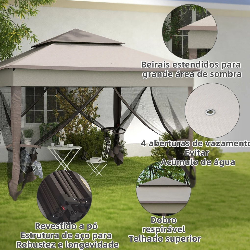 Tenda Dobrável Exterior 325x325x270 cm Tenda de Jardim com Teto Duplo Rede Mosquiteira Amovível e Bolsa de Transporte Cinza