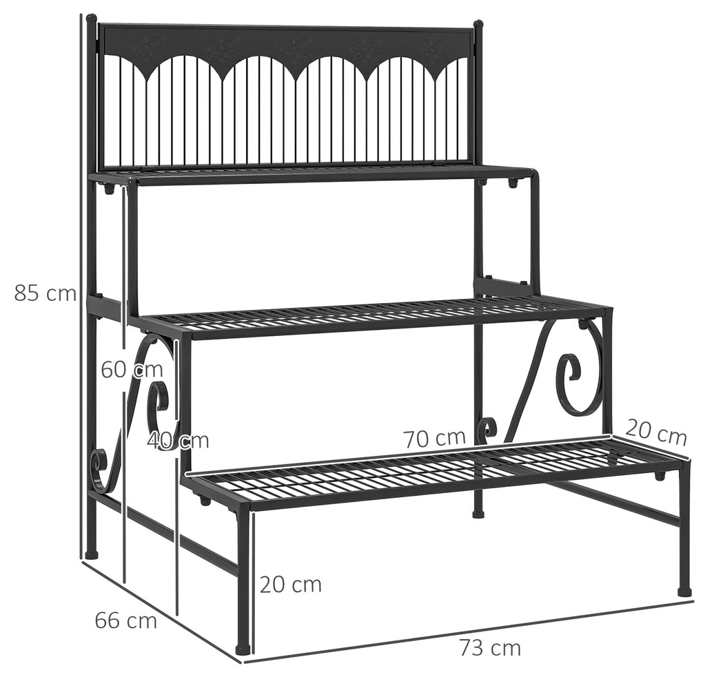 Suporte para Plantas de 3 Níveis com Desenho em Escada Suporte para Vasos de Plantas para Interior e Exterior 73x66x85 cm Preto